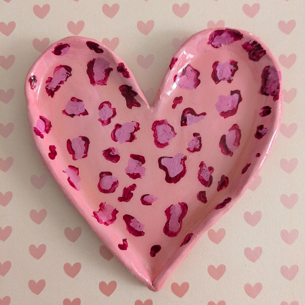 Handmade Cheetah Print Heart Clay Trinket Dish